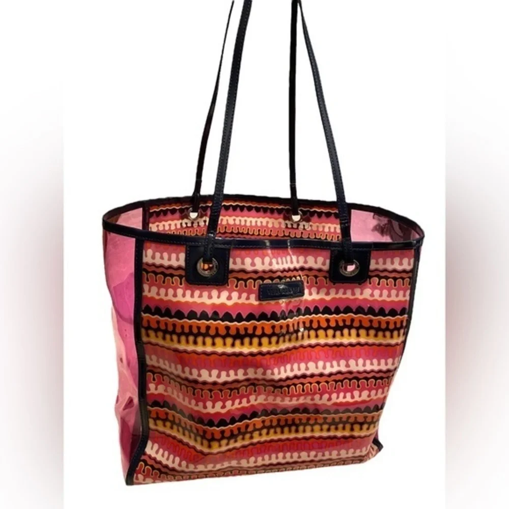 Vera Bradley pink multicolored beach bag tote, navy straps. Clear